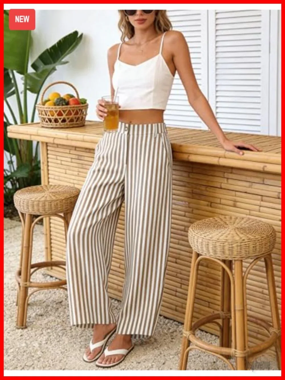 Striped Barrel Pants Wide Leg Palazzo Trousers High Rise Elastic Waist
